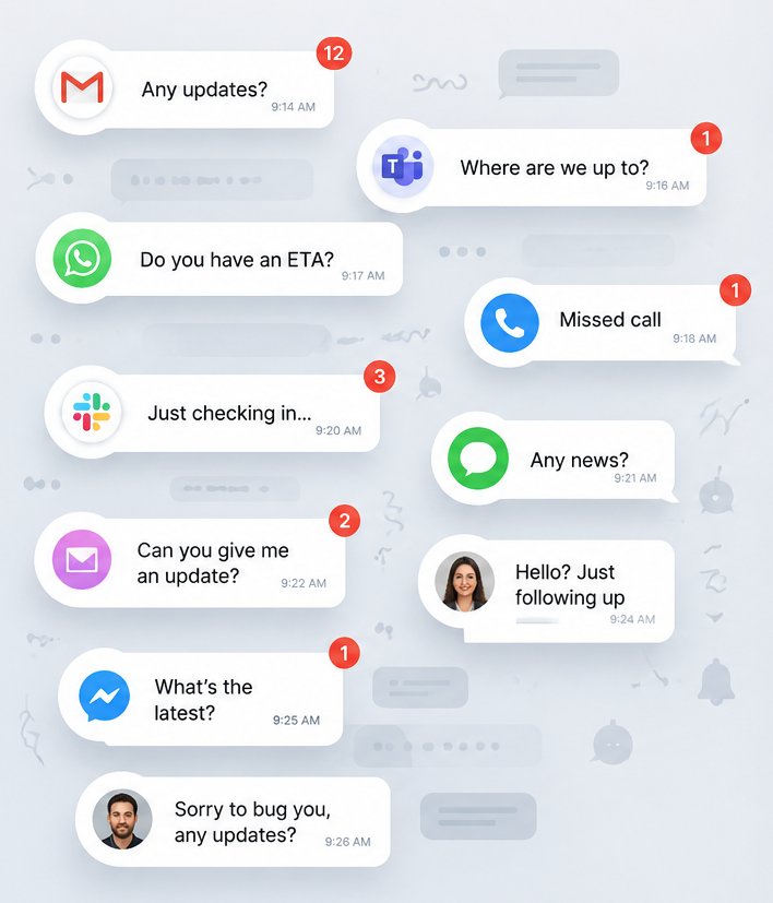 A pile-up of update requests across email, Teams, WhatsApp, Slack, SMS and missed calls